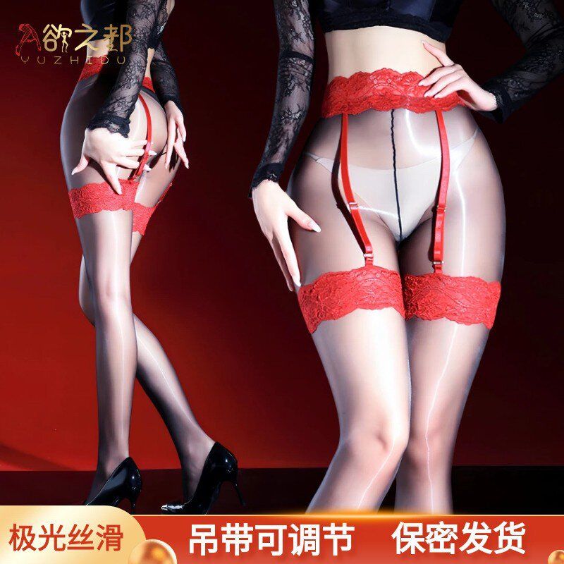 紫红蕾丝花边假两件丝袜吊带袜叠穿薄款极光连裤袜情调趣味黑丝女