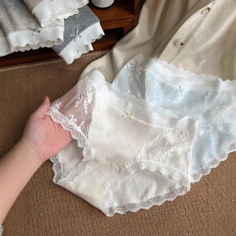 7A新疆长绒棉女士纯棉内裤纯欲蕾丝内裤中腰网纱无痕甜美三角裤女