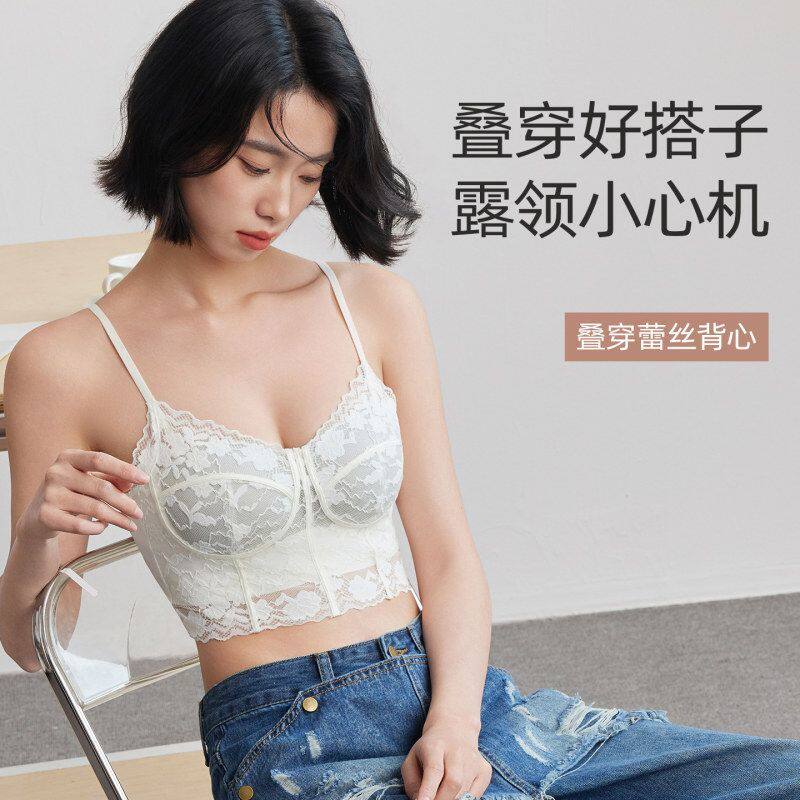 夏季法式蕾丝无痕内衣女固定杯美背韩版纯欲吊带背心带胸垫裹胸女