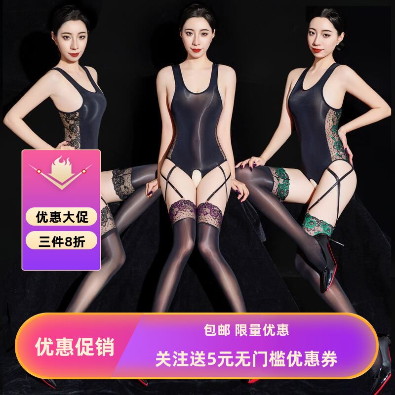 玫瑰蕾丝拼色性感泳衣透明油亮超薄捆绑带吊袜套装开裆丝袜长筒袜