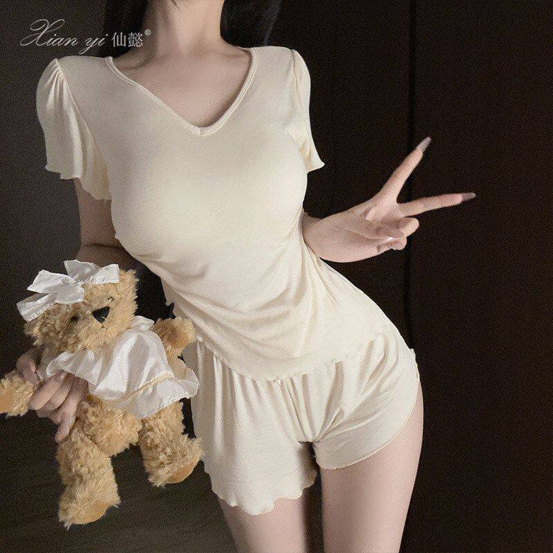 仙开衫懿带胸垫睡衣女夏季莫代尔短袖套装感休闲家居服可外穿750