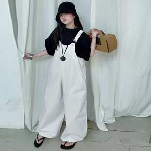 女童牛仔背带裤套装2026夏季新款宽松白色长裤韩版洋气T恤两件套