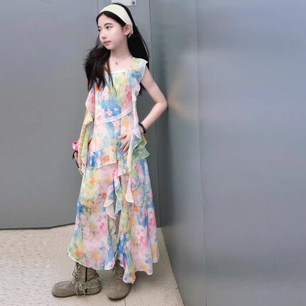女童无袖碎花连衣裙2026夏季新款法式中长款沙滩裙洋气度假风长裙