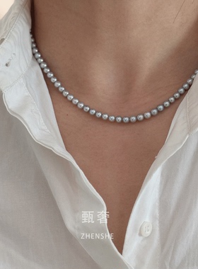 甄奢《蓝月》5-5.5mm灰色天然极光淡水珍珠项链锁骨链媲美真多麻