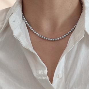 5.5mm灰色天然极光淡水珍珠项链锁骨链媲美真多麻 甄奢 蓝月