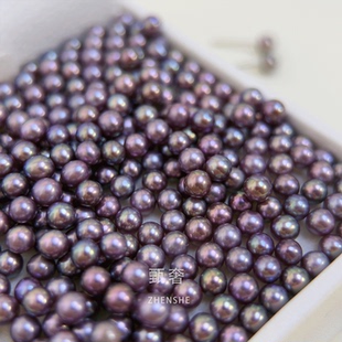 《紫色泡影》4-5mm天然稀有正圆极光炫彩浓紫色淡水珍珠纯银耳钉