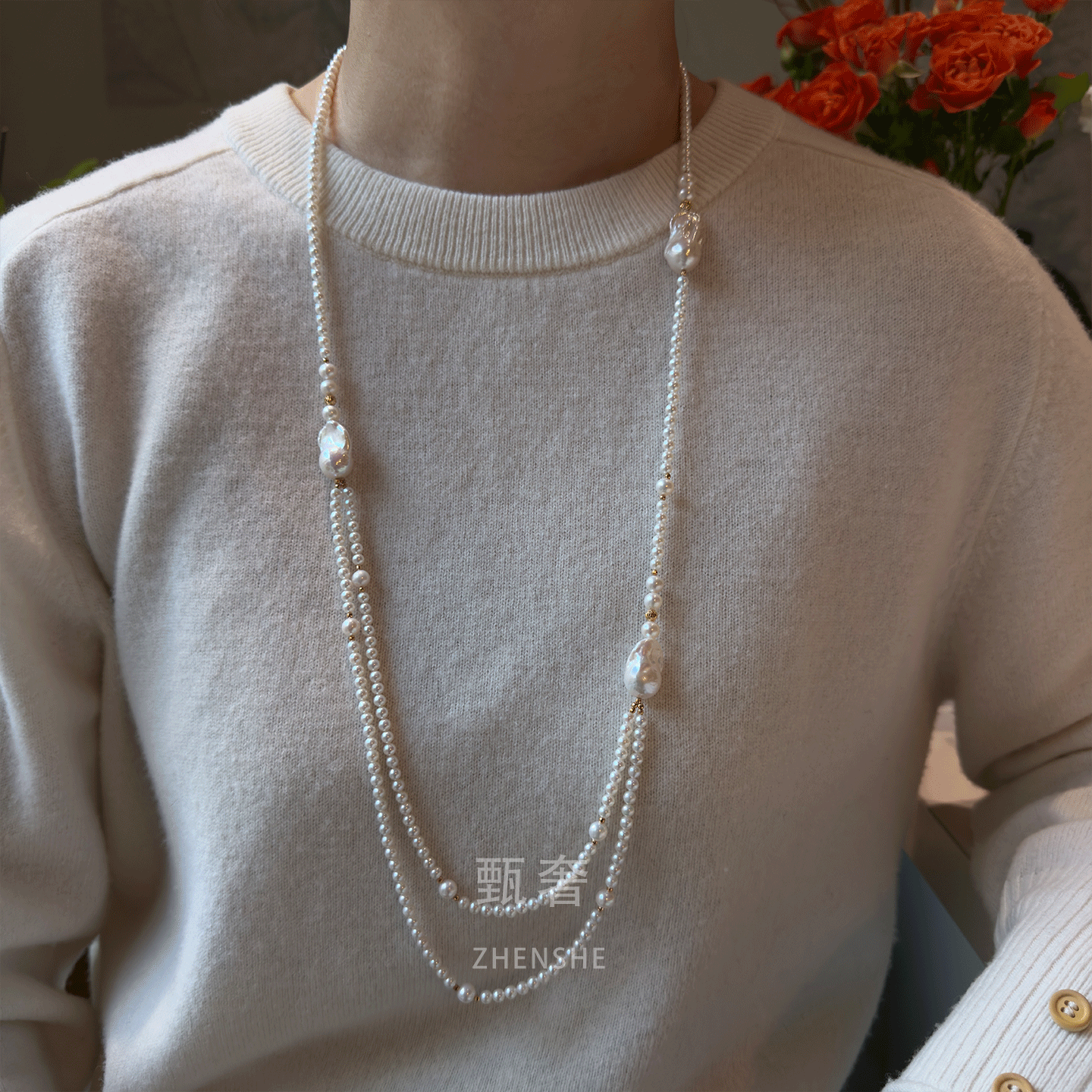 甄奢巴洛克淡水珍珠双层毛衣链
