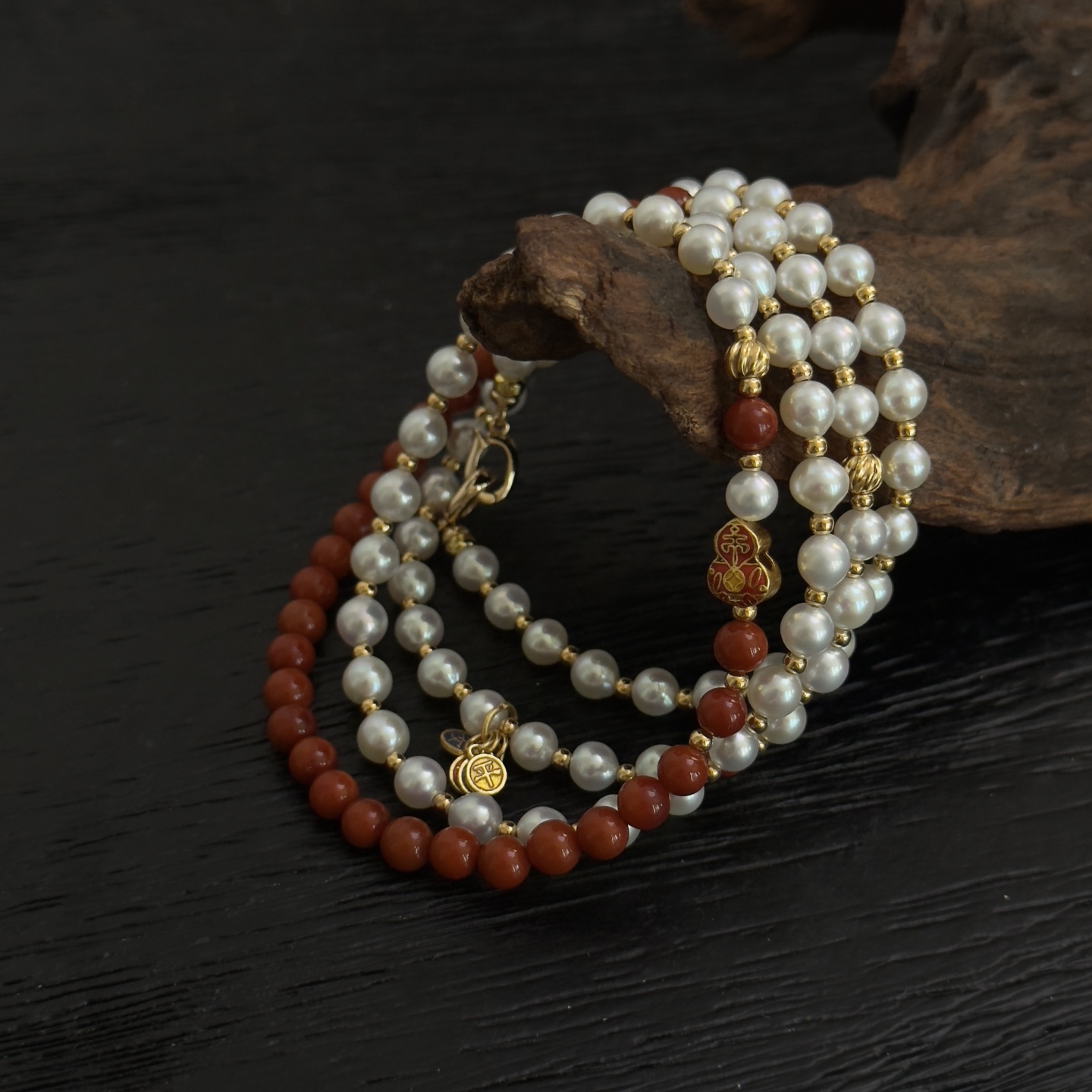 《鸿运》原创设计新中式国风珍珠项链多层手链纯银川料南红高级高