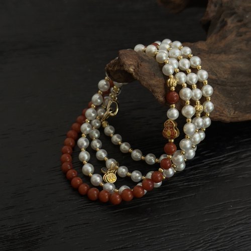 《鸿运》原创设计新中式国风珍珠项链多层手链纯银川料南红高级高