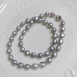 灰色系淡水巴洛克珍珠项链925纯银锁骨链清冷气质 往日剪影
