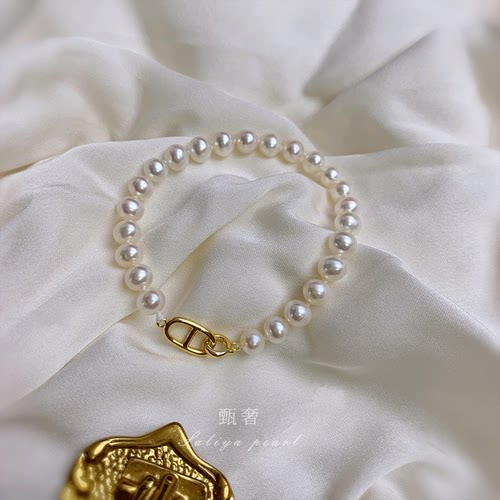 《一缕月光》6-6.5mm极光淡水珍珠手链简约时尚925纯银猪鼻子扣