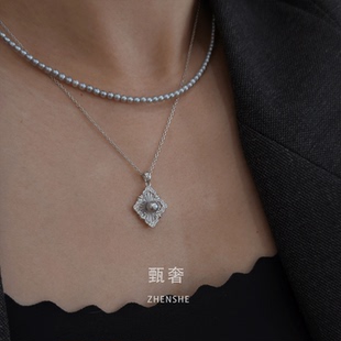 精工925纯银天然珍珠棱形布契拉提吊坠高级锁骨链 静月霜花