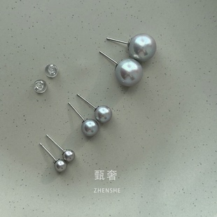 极光正圆灰色淡水小珍珠耳钉媲美海水真多麻养耳洞女 幽兰