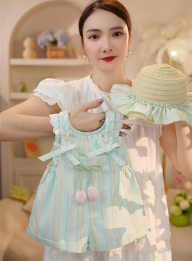 2026年夏季新款女小童绿色可爱麻花辫郁金香花边背带裤套装031