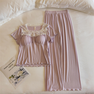 甜美纯欲风带胸垫家居服春秋天 方领两件薄款 莫代尔睡衣女夏季 短袖