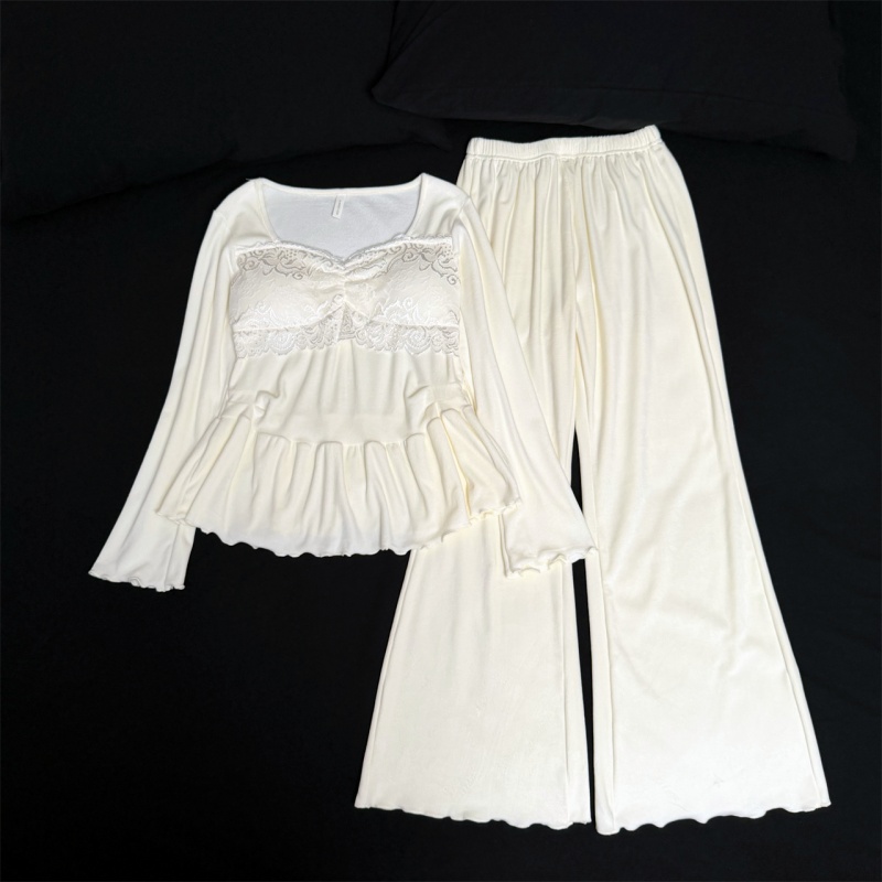 蕾丝方领海岛绒睡衣女秋季长袖带胸垫软绵绵家居服套装奢华两件套