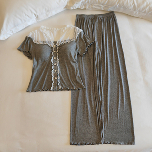 花边甜美性感纯欲风带胸垫家居服春秋天 短袖 莫代尔睡衣女夏季 薄款