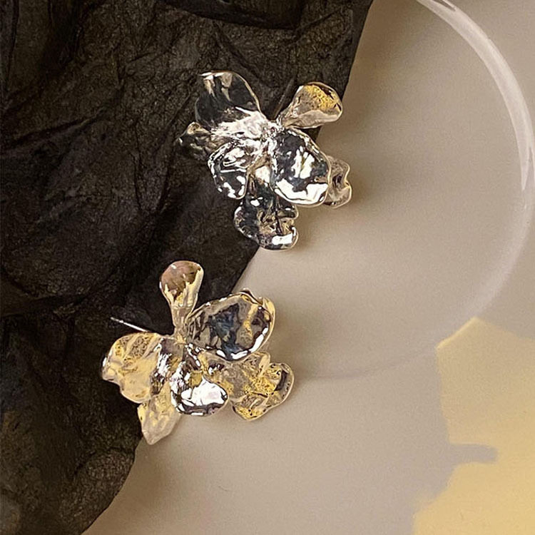 银色液态金属立体花朵925银针不规则耳钉女日韩设计感时尚耳环潮