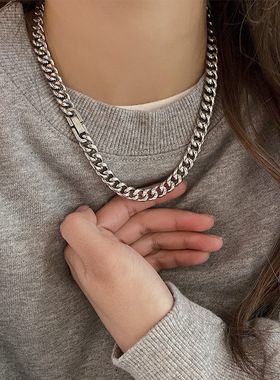 通体钛钢古巴链不掉色钛钢项链男女生粗锁骨链情侣百搭粗链子配饰