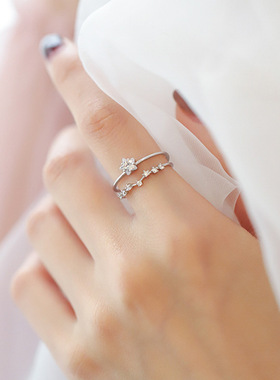 s925纯银星星双层戒指韩版时尚气质镶钻开口食指戒可调节指环