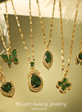 欧美满钻蝴蝶吊坠钛钢项链女豪华高级感祖母绿网红锁骨链轻奢饰品