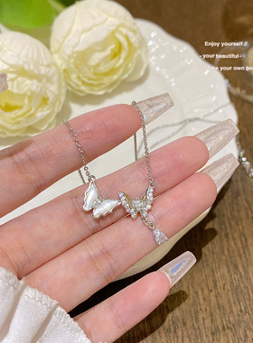 甜美超仙双生蝴蝶珍珠项链女轻奢气质贝母锁骨链韩版时尚百搭颈链