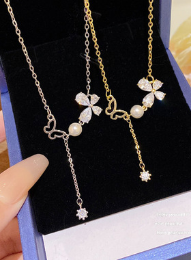 钛钢蝴蝶流苏珍珠项链轻奢小众高级感颈链精致超仙气质锁骨链配饰