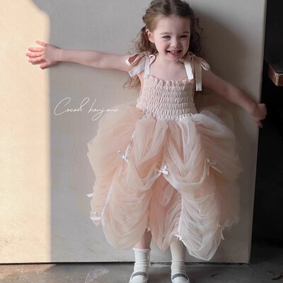 2025夏季新款女童蝴蝶结吊带纱裙韩系儿童公主蓬蓬纱裙礼服连衣裙