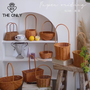 薇艺 手提花篮复古色系田园风塑藤防水鲜花篮花店花艺手工diy材料