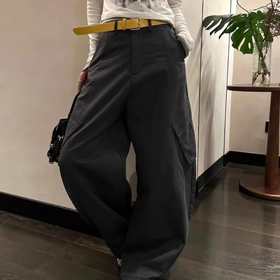 2025秋季新款3R3休闲百搭口袋阔腿裤撞色腰带工装裤长裤显瘦女裤