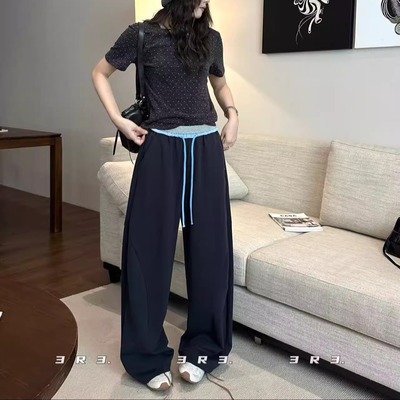 2025秋季新款3R3休闲百撞色腰头绑带松紧腰阔腿裤卫裤长裤女裤