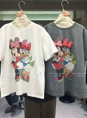 2026春季新款DUODUO休闲百搭卡通米奇米妮短袖T恤宽松蝴蝶结上衣