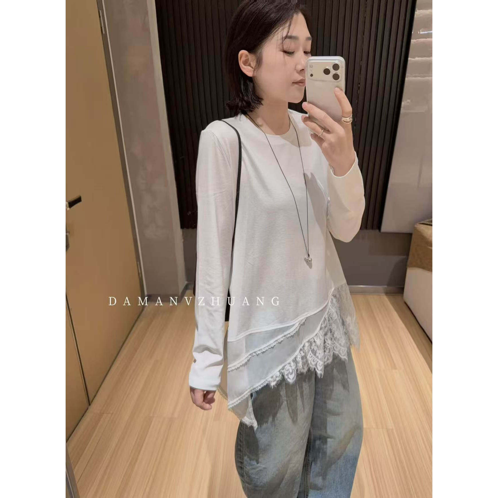 DM拼接蕾丝不规则宽松T恤女春季叠穿上衣86.8元