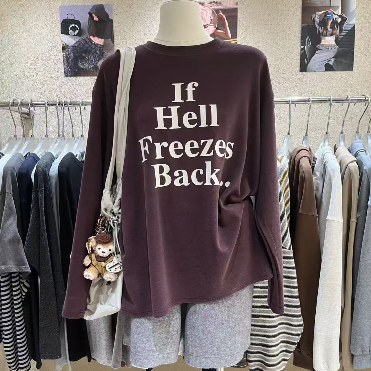 2025冬季新款Eleven休闲百搭印花字母磨毛宽松T恤打底衫简约上衣