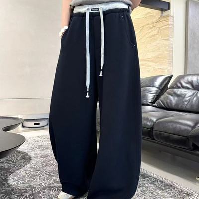 2025秋冬新款3R3时尚休闲百搭拼接字母腰头系带卫裤阔腿裤女9370