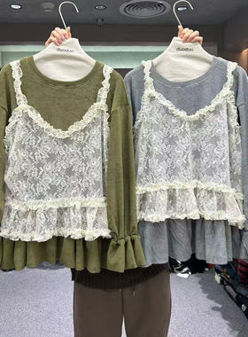 2025冬季新款DUODUO休闲百搭蕾丝背心两件套磨毛宽松T恤花边上衣