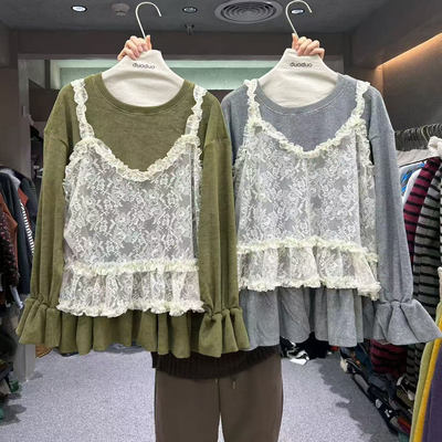 2025冬季新款DUODUO休闲百搭蕾丝背心两件套磨毛宽松T恤花边上衣