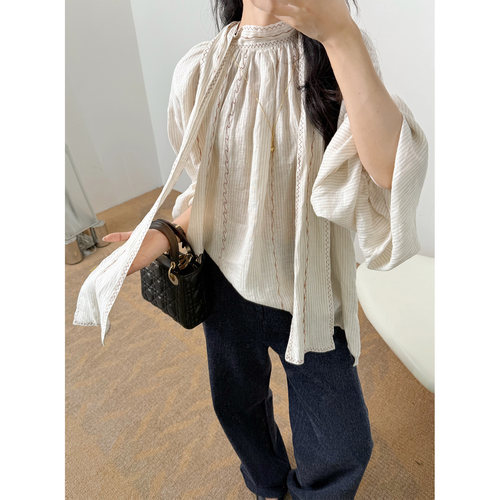 IMMUNO壹糯 法式浪漫风条纹刺绣系带灯笼袖小众飘带宽松亚麻衬衫