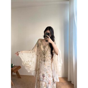 IMMUNO壹糯 咖咪拉柔美度假风澳洲奢华烫钻宽松桑蚕丝绝美连衣裙