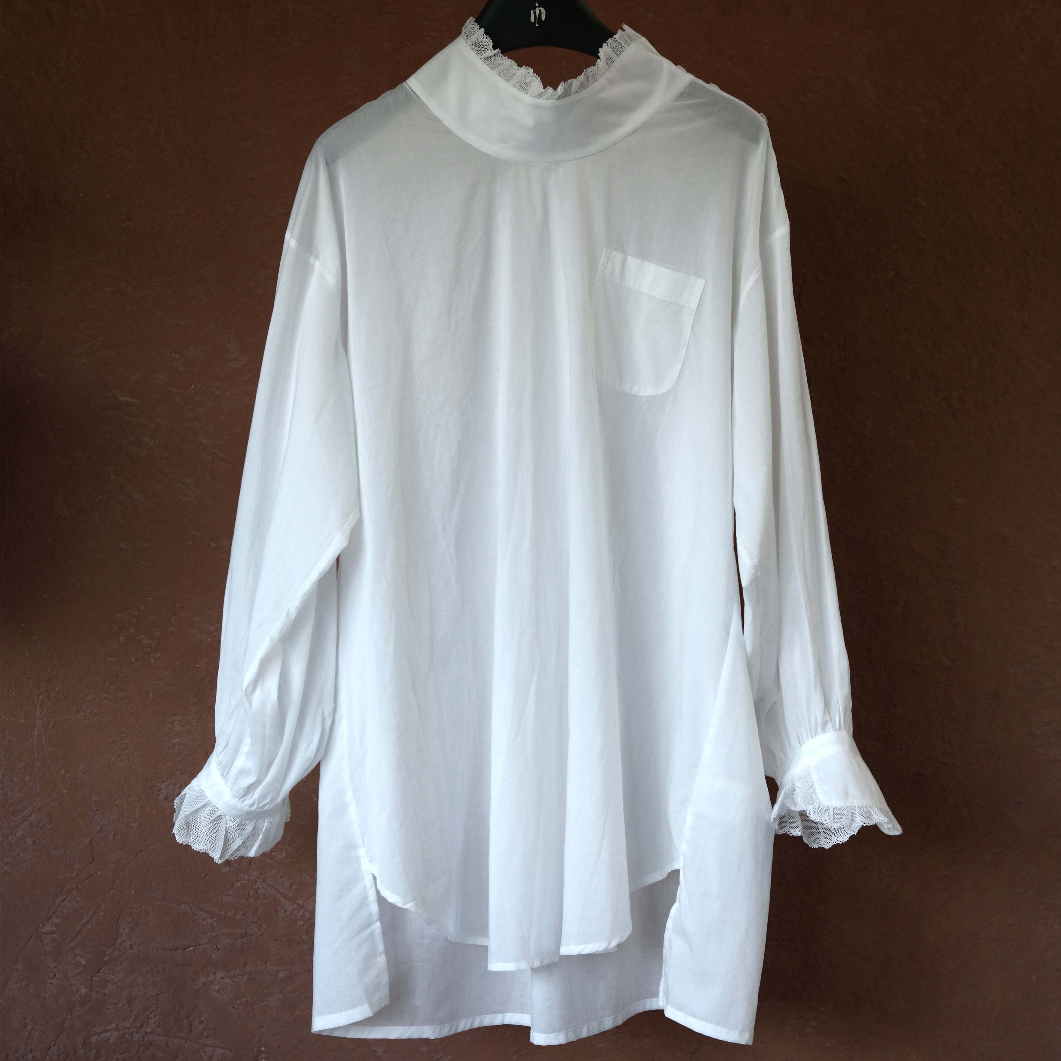 IMMUNO壹糯 早春新款高支轻薄型丝绵ROW风蕾丝立领宽松长款衬衫