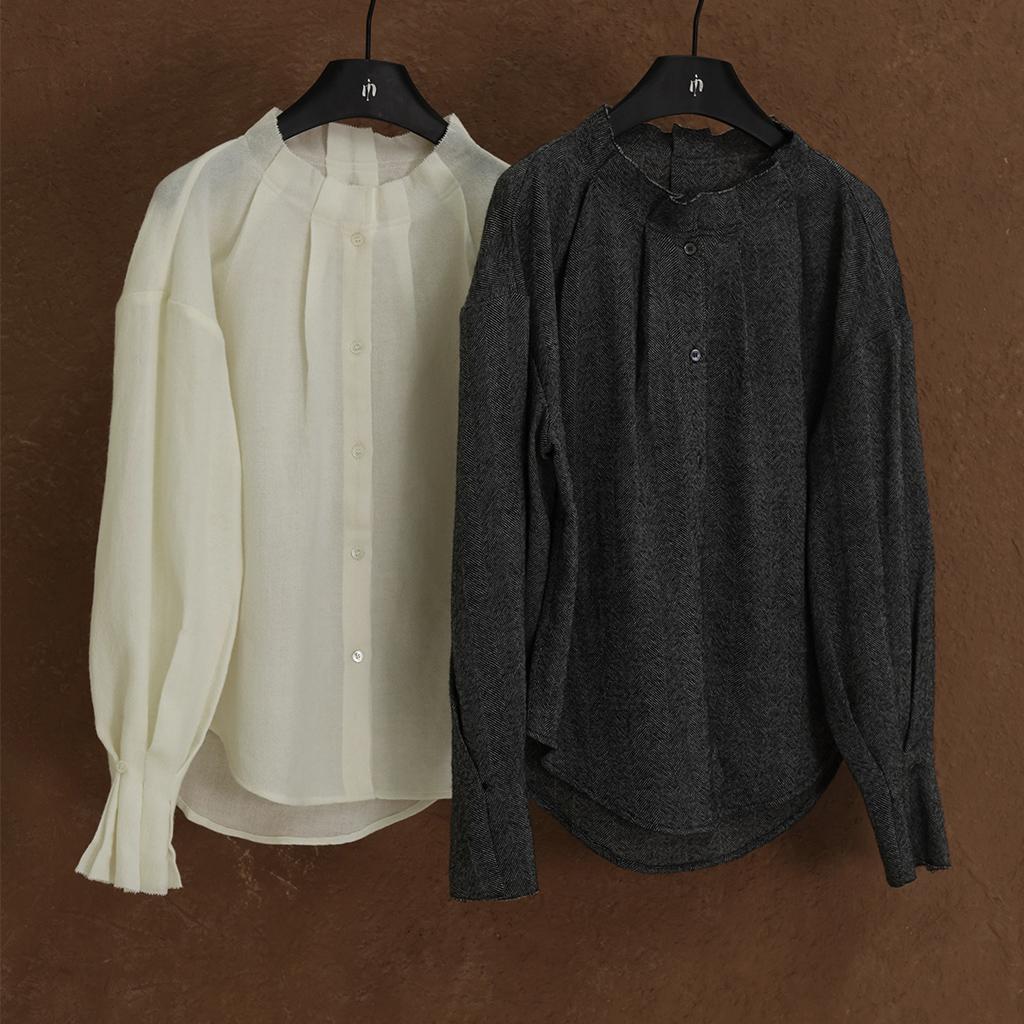 斜纹100羊毛上衣压褶宽松衬衫