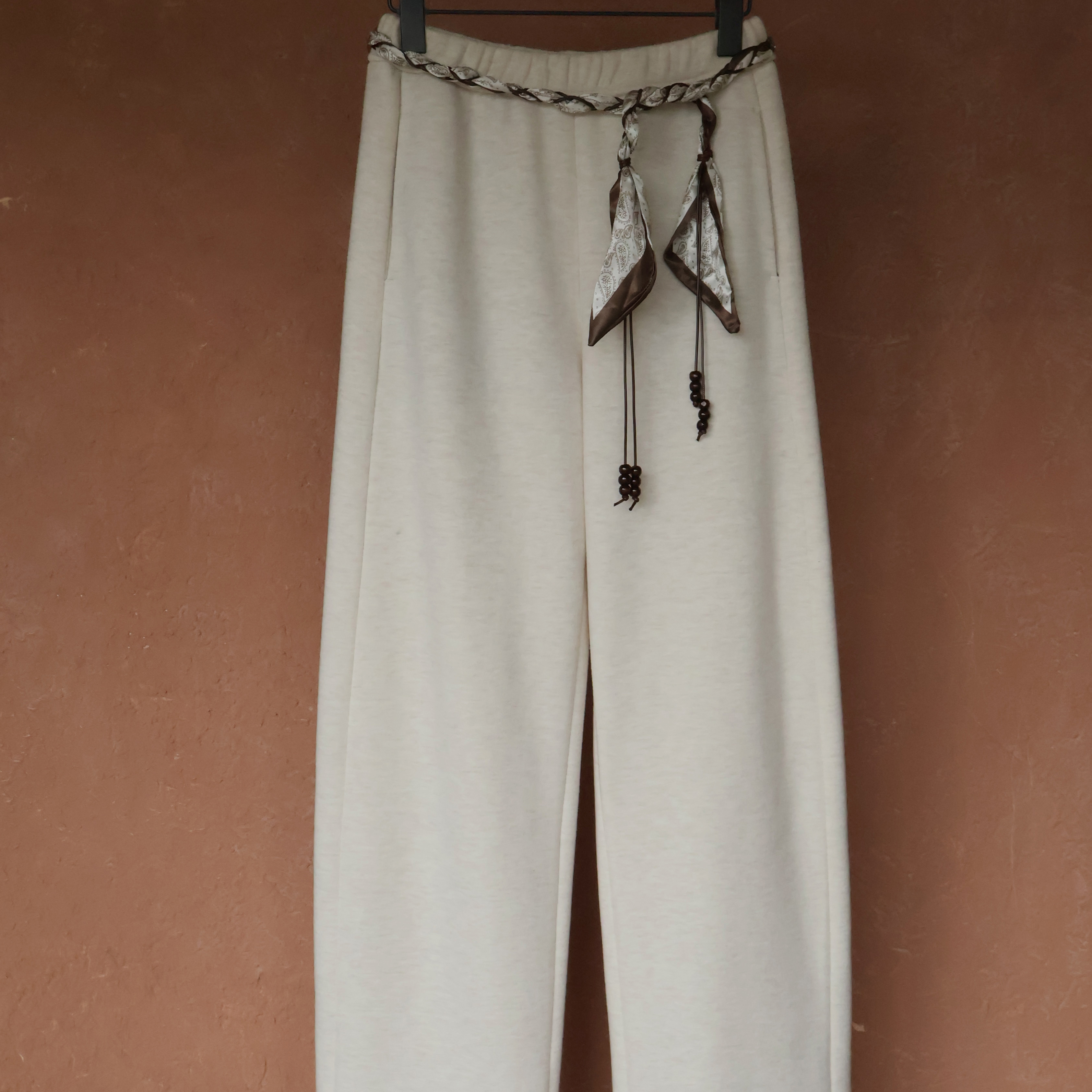 IMMUNO壹糯 休闲通勤绵羊毛柔软加厚针织细条丝巾系带长裤直筒裤