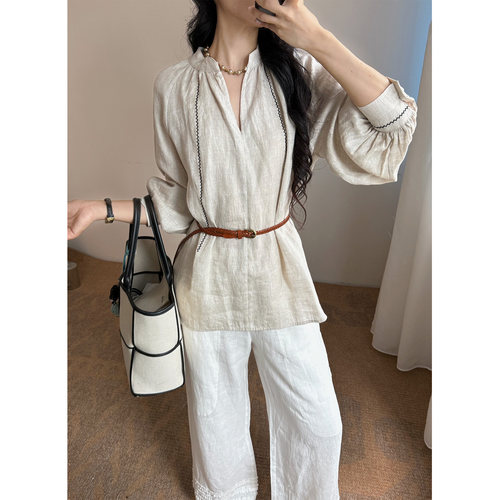 IMMUNO壹糯 中式圆领开衩max*m立体刺绣线条亚麻长袖春夏法式衬衫