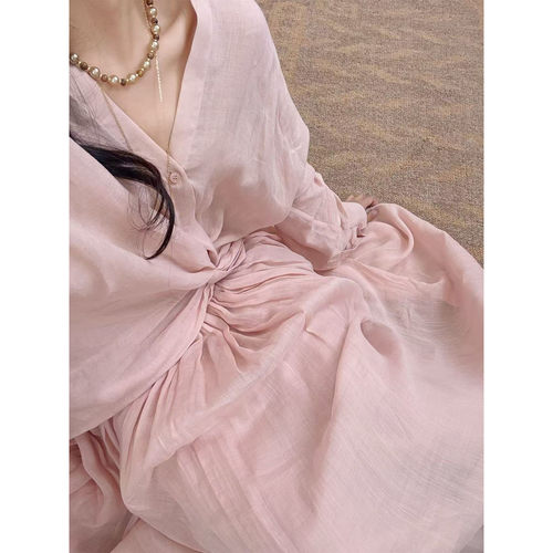 IMMUNO壹糯 法式温柔风交叠系带不规则扭结V领苎麻宽松百搭衬衫