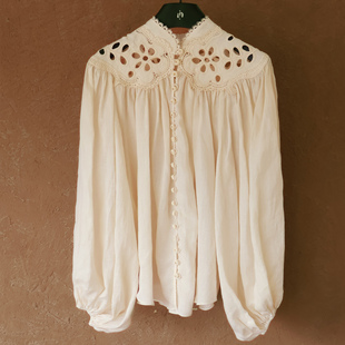 IMMUNO壹糯刘亦菲同款法式纯苎麻镂空刺绣上衣宫廷复古灯笼袖衬衫