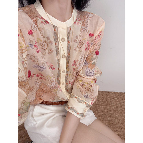 IMMUNO壹糯 宫廷风澳洲小众花卉印花宽松气质苎麻天丝混纺衬衫