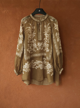 IMMUNO壹糯 青花底法式度假风苎麻轻盈衬衣宽松波西米亚风衬衫