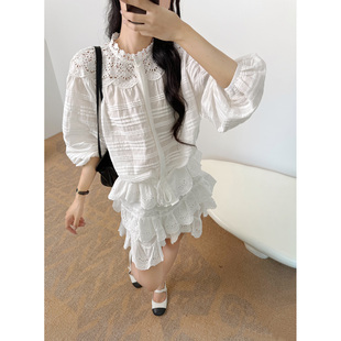 裙气质优雅套装 松紧腰裤 仙气飘飘镂空蕾丝纯棉衬衫 IMMUNO壹糯
