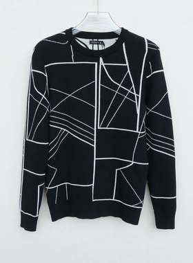 拉夏PT系列/M专柜撤柜男装秋冬高档亚光条纹圆领毛衣2A2833黑色