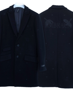 拉夏PT系列名品男装冬商务高级厚柔毛呢西装外套短大衣2A2791黑色